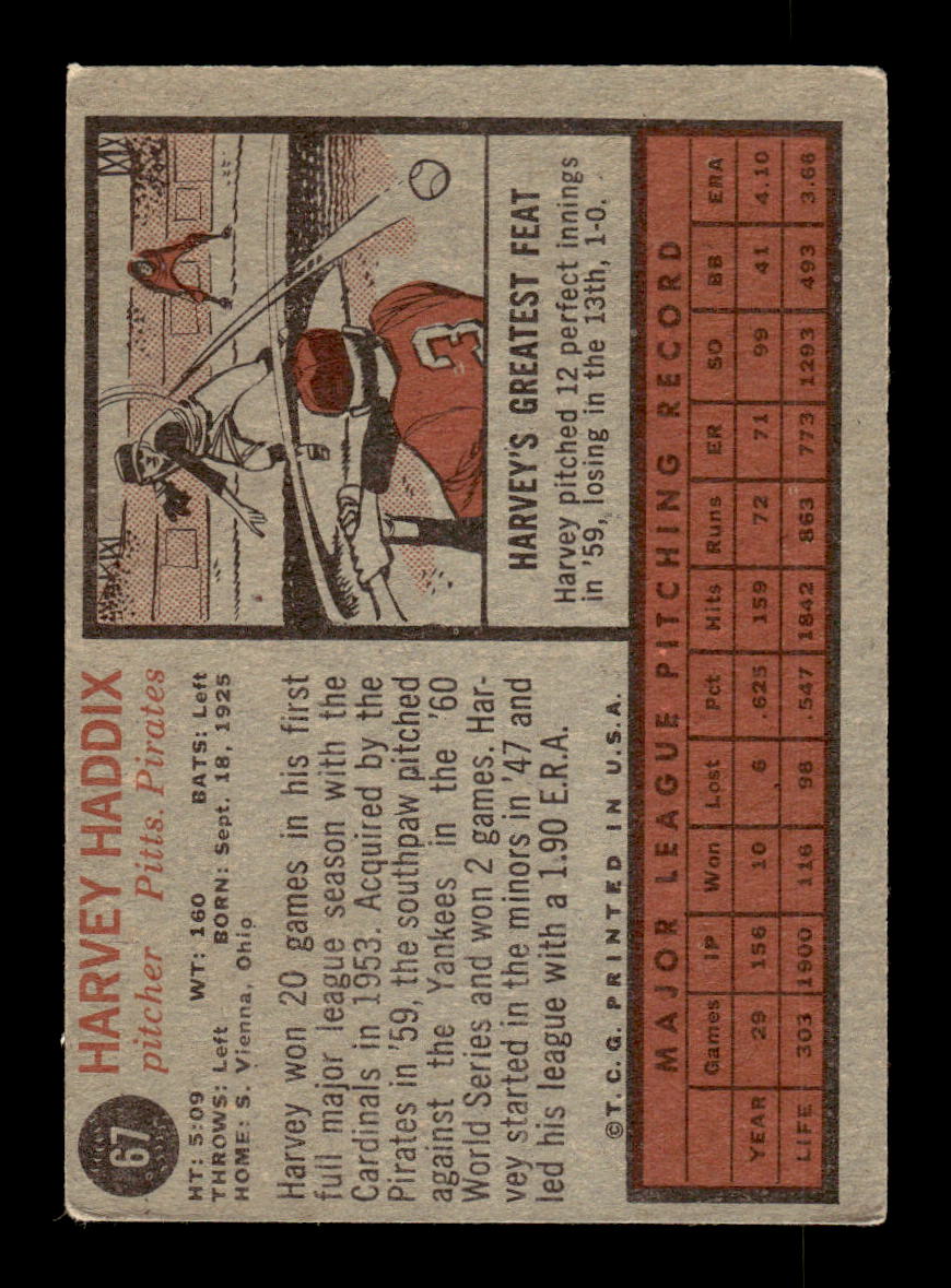 1962 Topps #67 Harvey Haddix Pittsburgh Pirates EX CS26014612