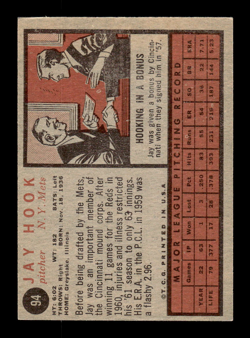1962 Topps #94 Jay Hook New York Mets EX CS26014635