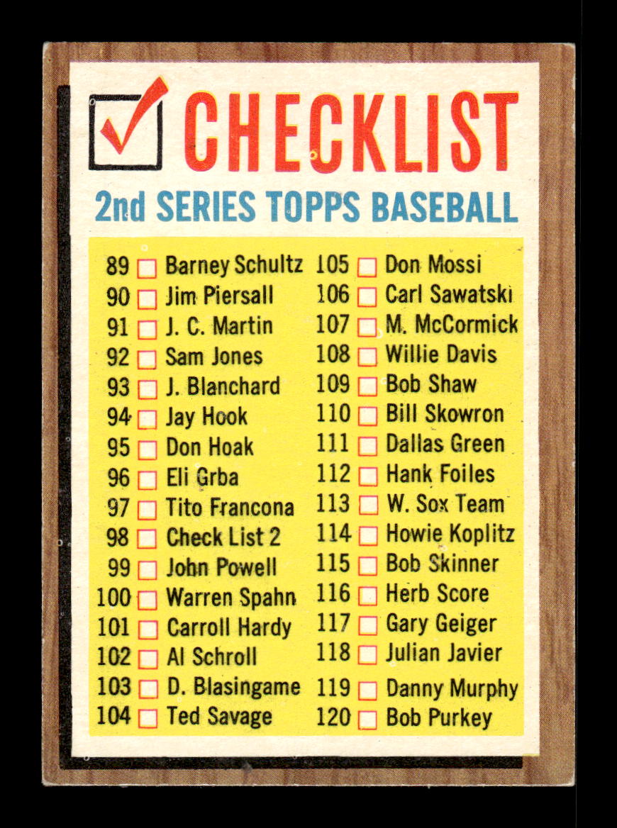 1962 Topps #98 2nd Series Checklist: 89-176 Chicago Cubs EX CS26014639