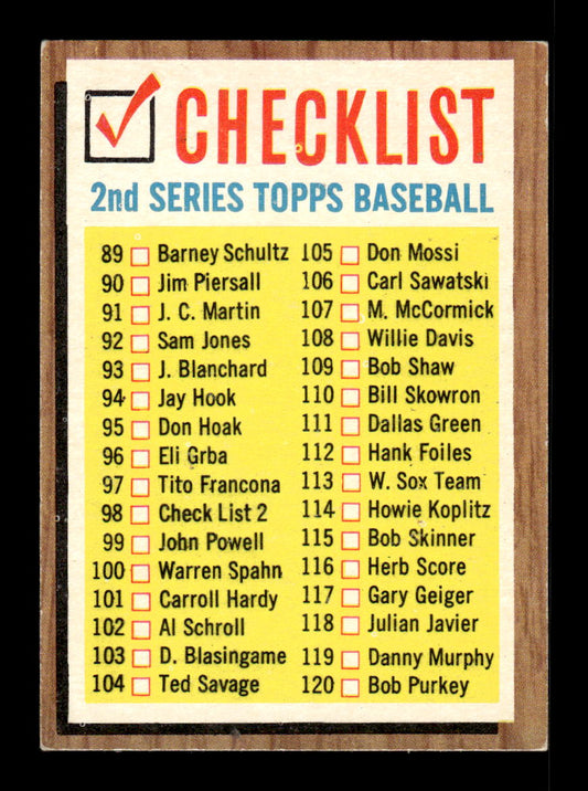 1962 Topps #98 2nd Series Checklist: 89-176 Chicago Cubs EX CS26014639