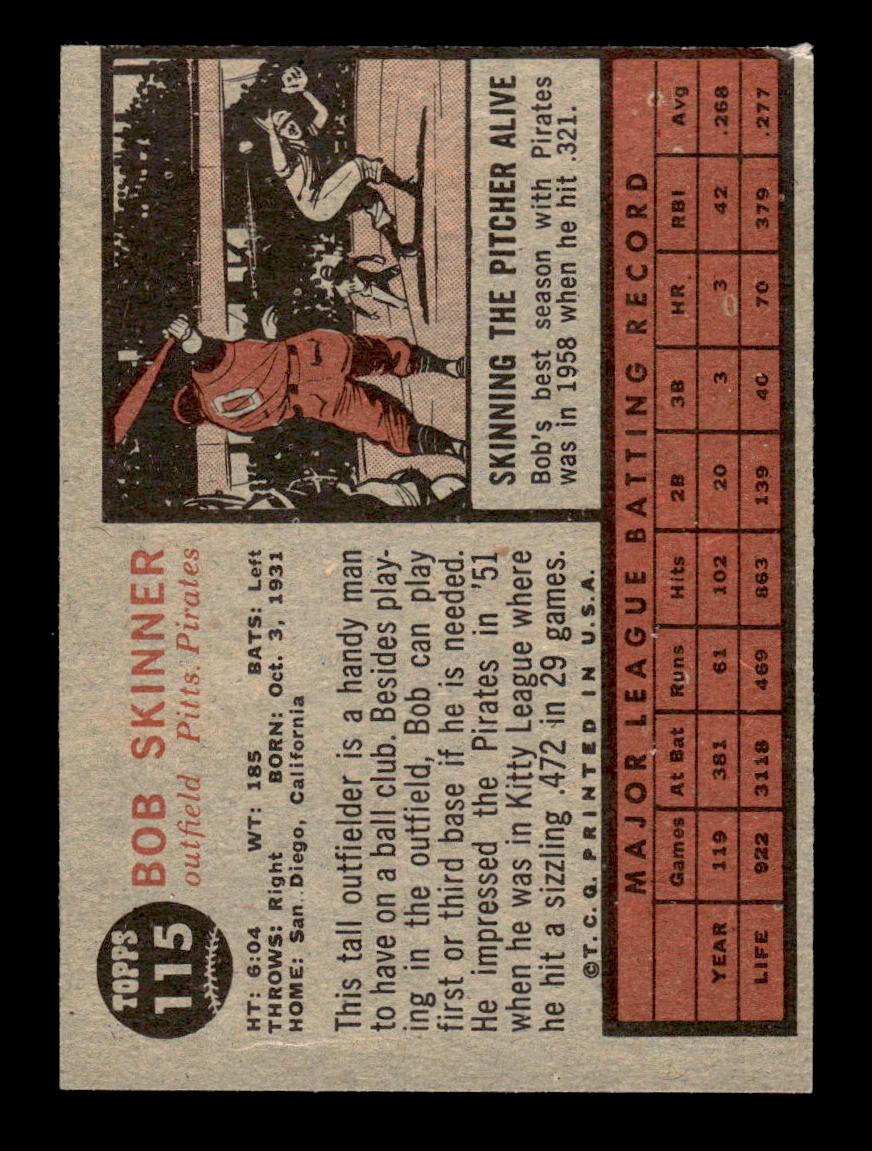 1962 Topps #115a Bob Skinner Pittsburgh Pirates EX CS26014651