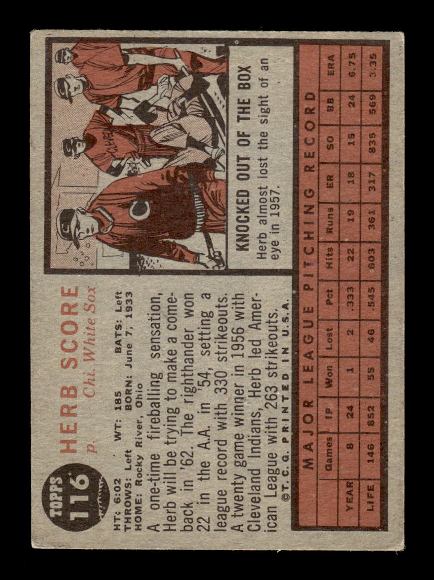 1962 Topps #116a Herb Score Chicago White Sox EX CS26014652