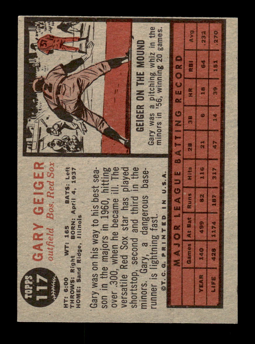1962 Topps #117b Gary Geiger Boston Red Sox EX CS26014653