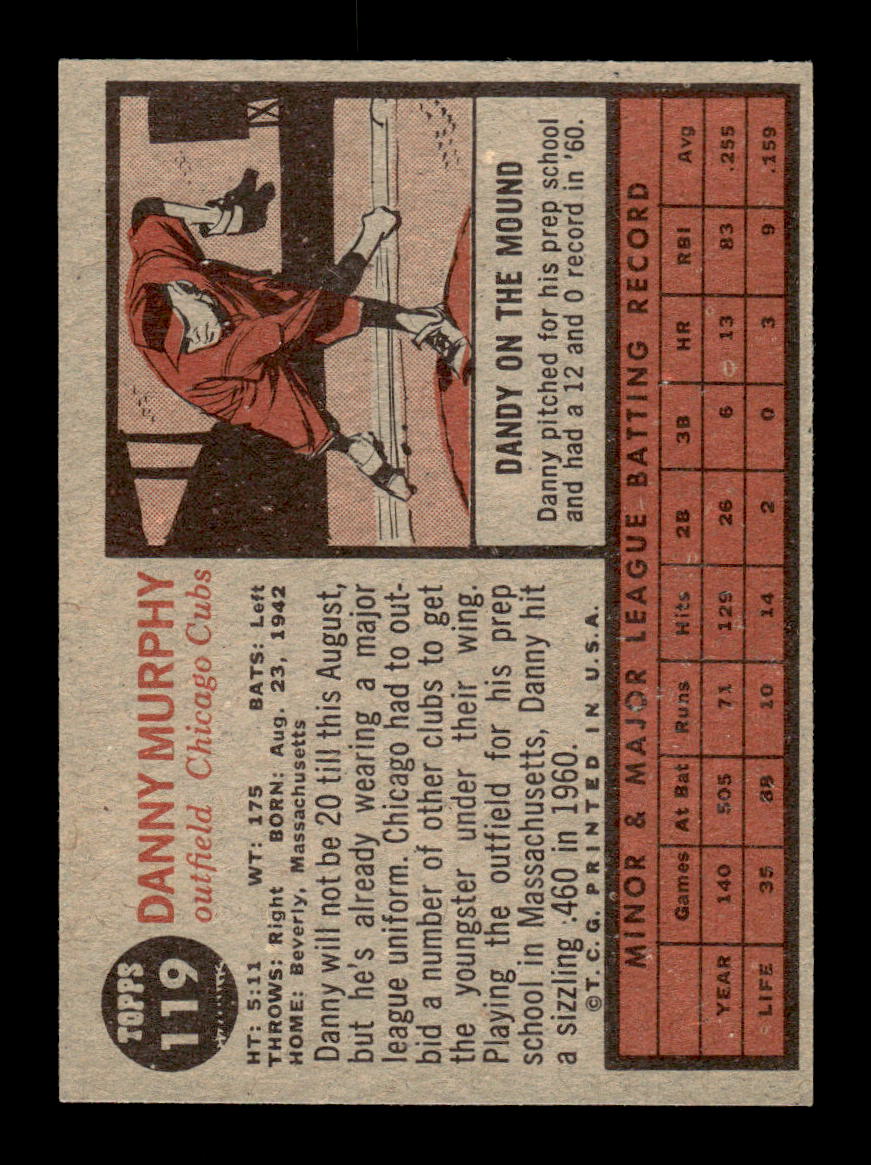1962 Topps #119b Danny Murphy Chicago Cubs EX CS26014655