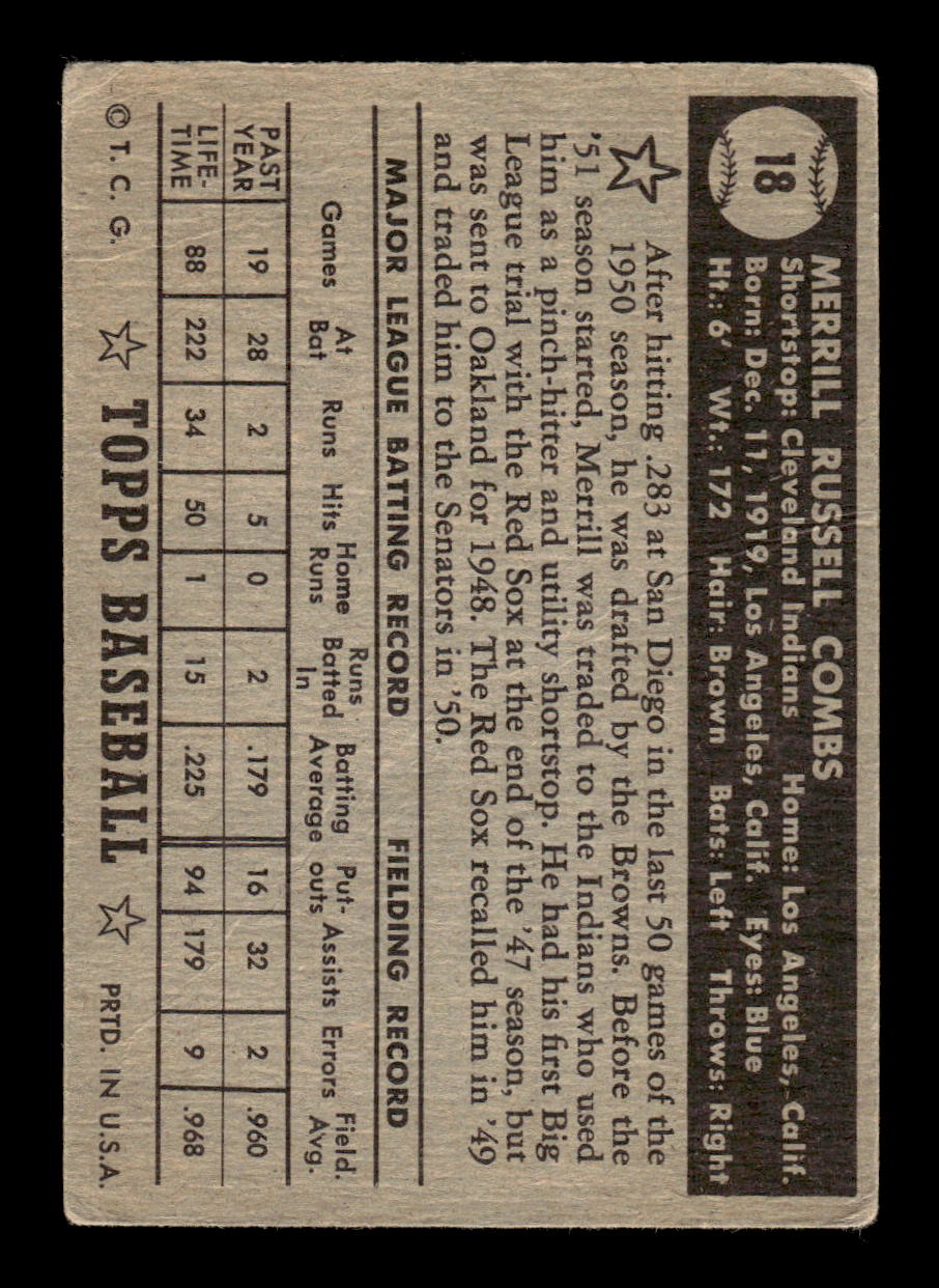 1952 Topps #18 Merrill Combs Cleveland Indians LOW GRADE CS26014699