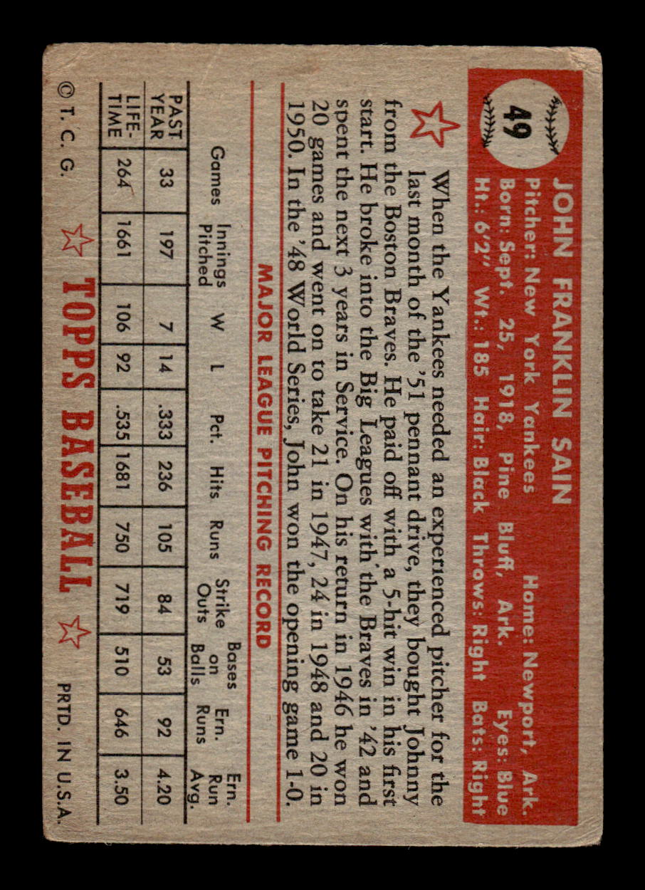 1952 Topps #49 Johnny Sain New York Yankees LOW GRADE CS26014726