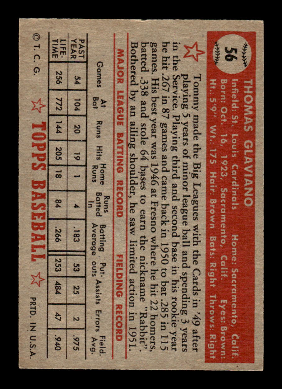 1952 Topps #56 Tommy Glaviano St. Louis Cardinals LOW GRADE CS26014733