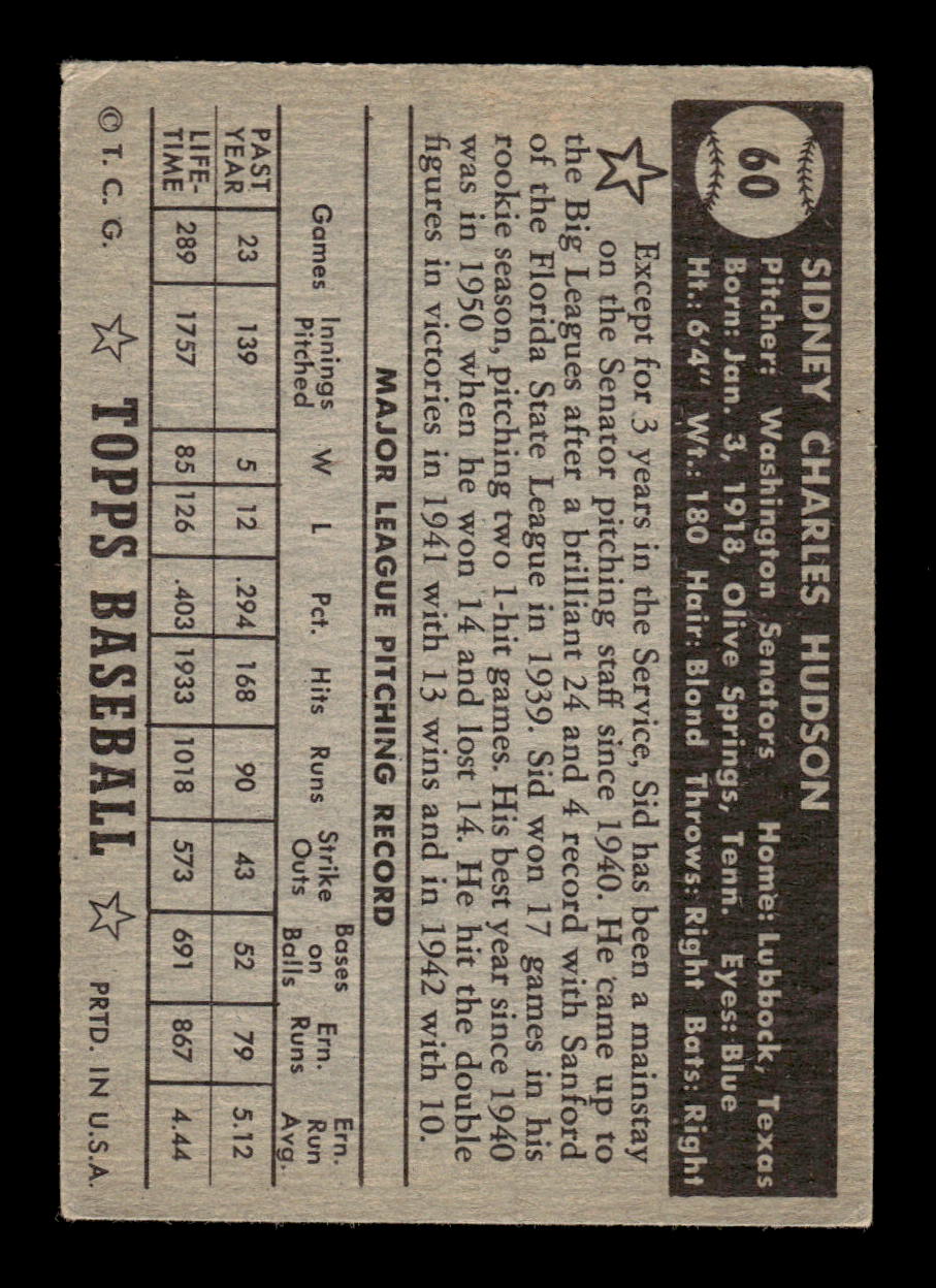 1952 Topps #60 Sid Hudson Washington Senators LOW GRADE CS26014736