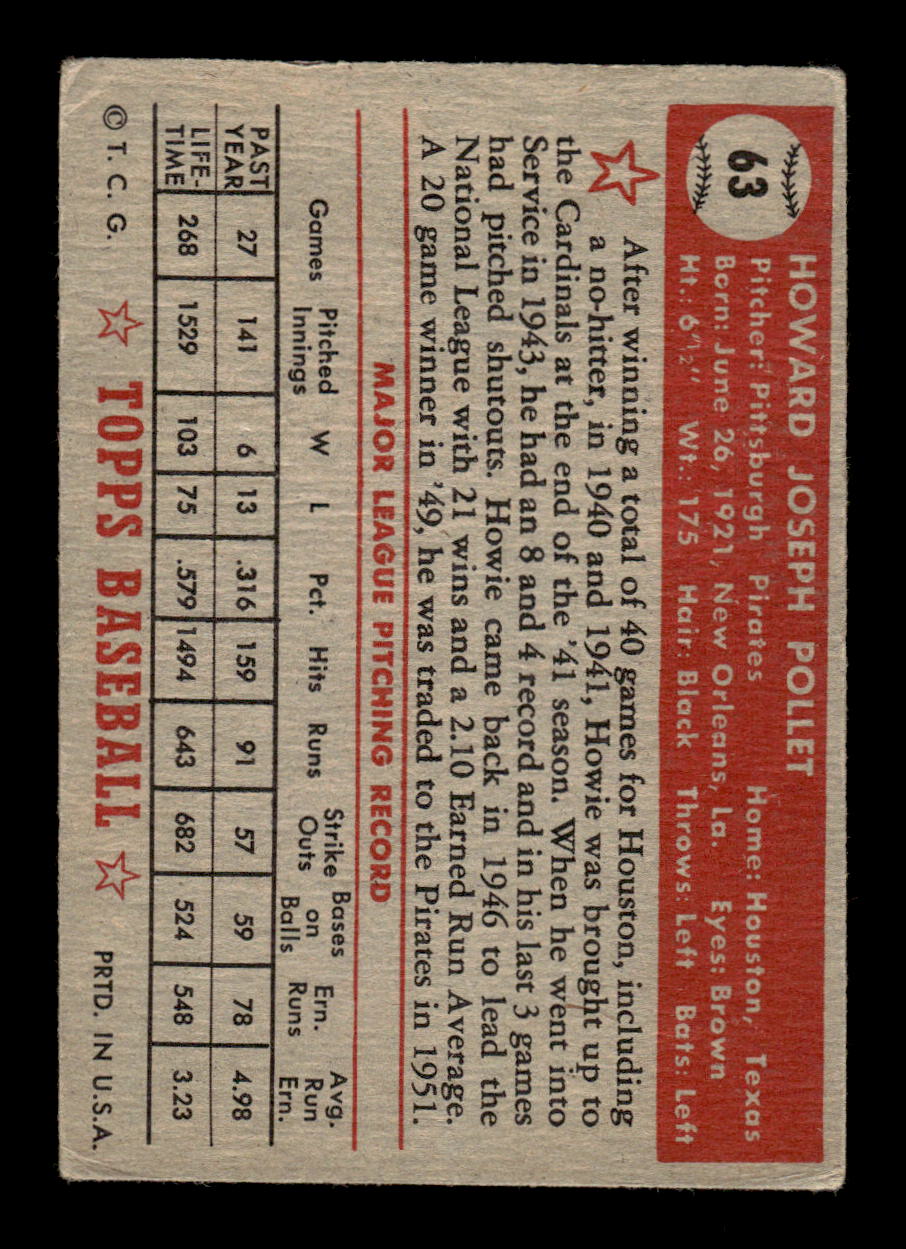 1952 Topps #63 Howie Pollet Pittsburgh Pirates LOW GRADE CS26014739