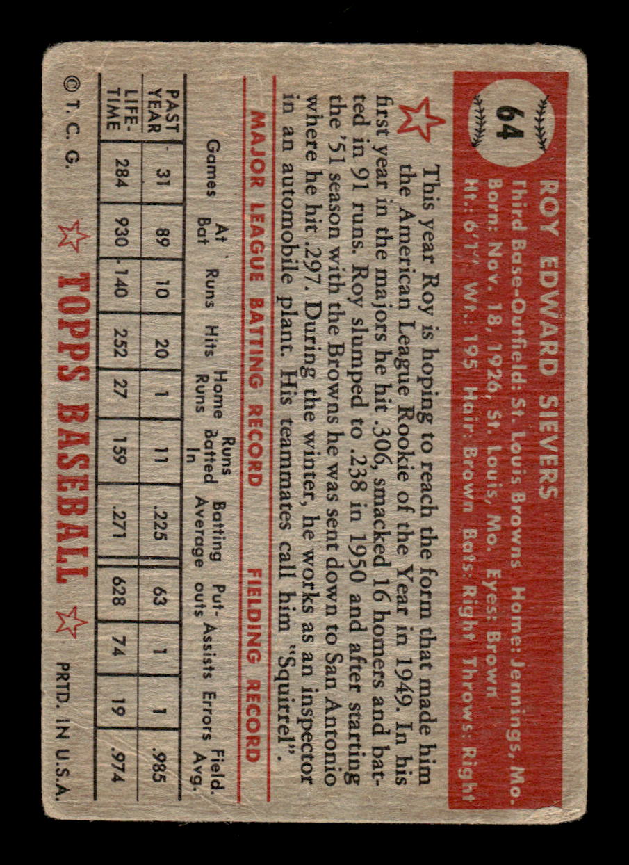 1952 Topps #64 Roy Sievers St. Louis Browns LOW GRADE CS26014740