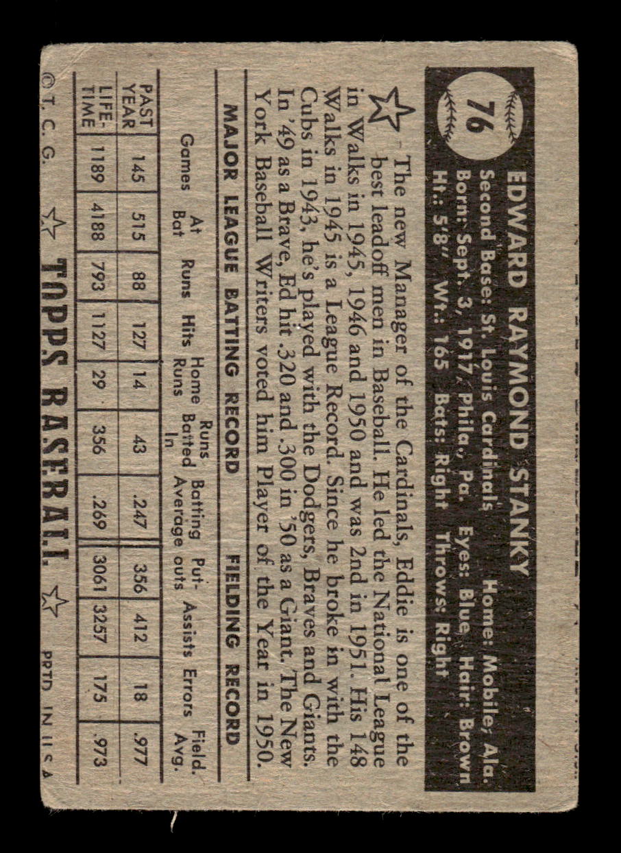 1952 Topps #76b Eddie Stanky St. Louis Cardinals LOW GRADE CS26014751