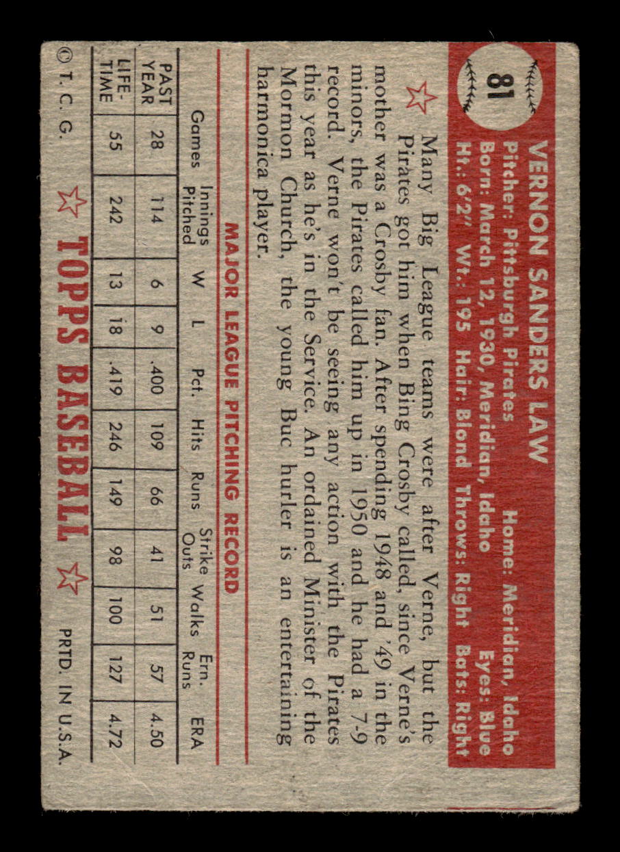 1952 Topps #81 Vernon Law Pittsburgh Pirates LOW GRADE CS26014756