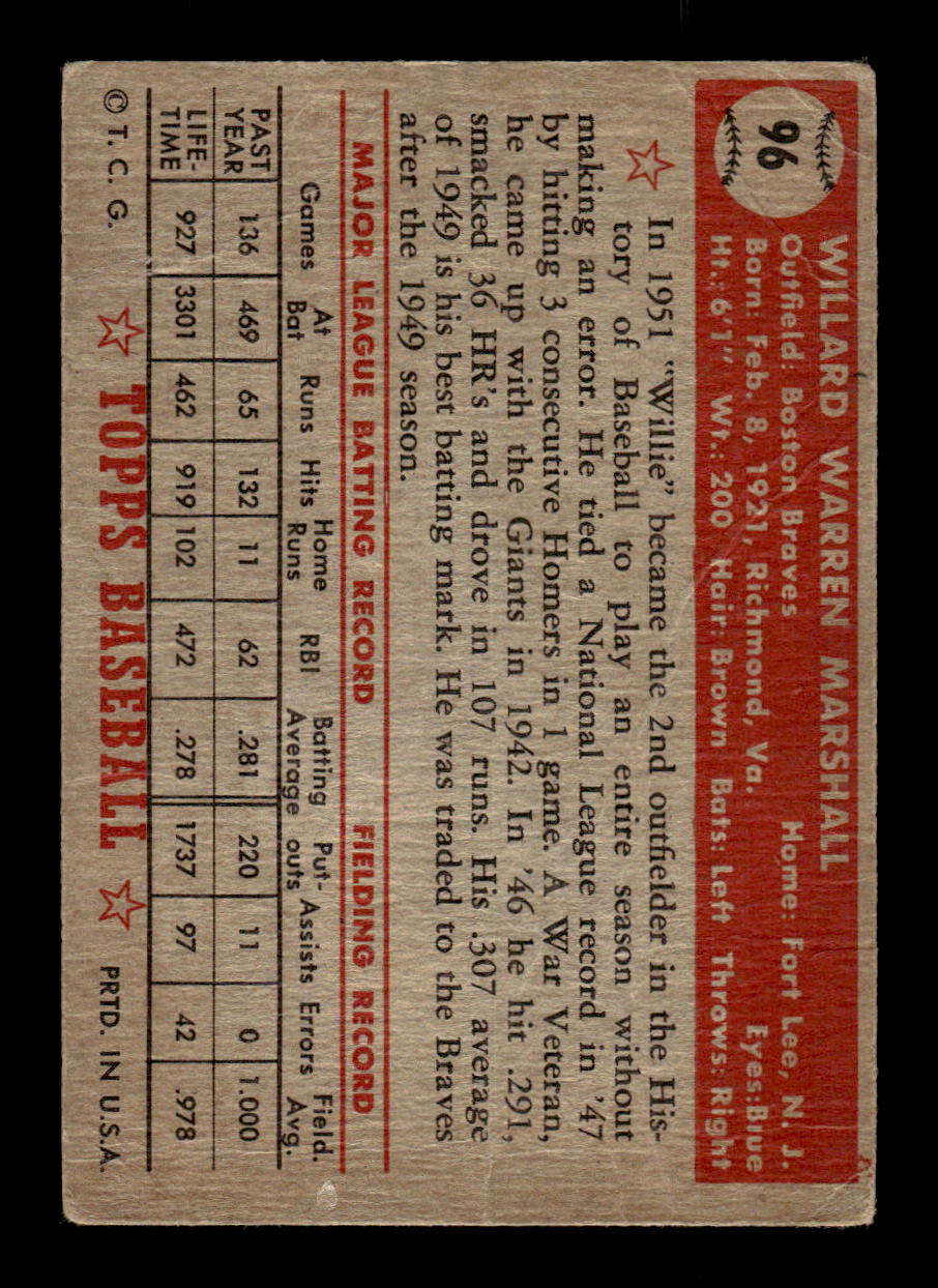 1952 Topps #96 Willard Marshall Boston Braves LOW GRADE CS26014768