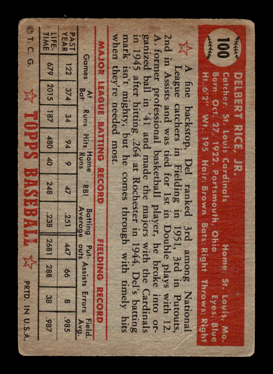 1952 Topps #100 Del Rice St. Louis Cardinals LOW GRADE CS26014772
