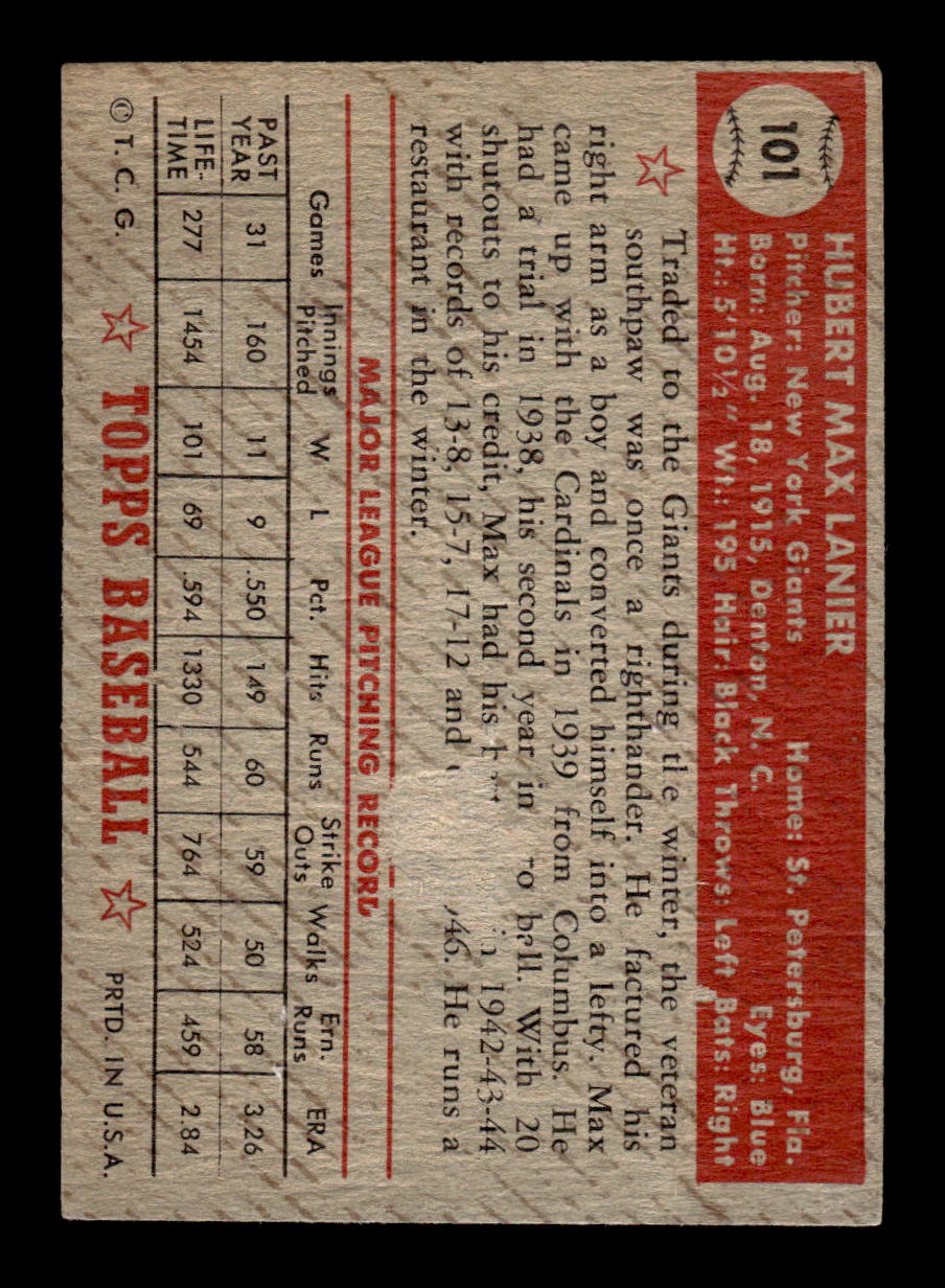 1952 Topps #101 Max Lanier New York Giants LOW GRADE CS26014773