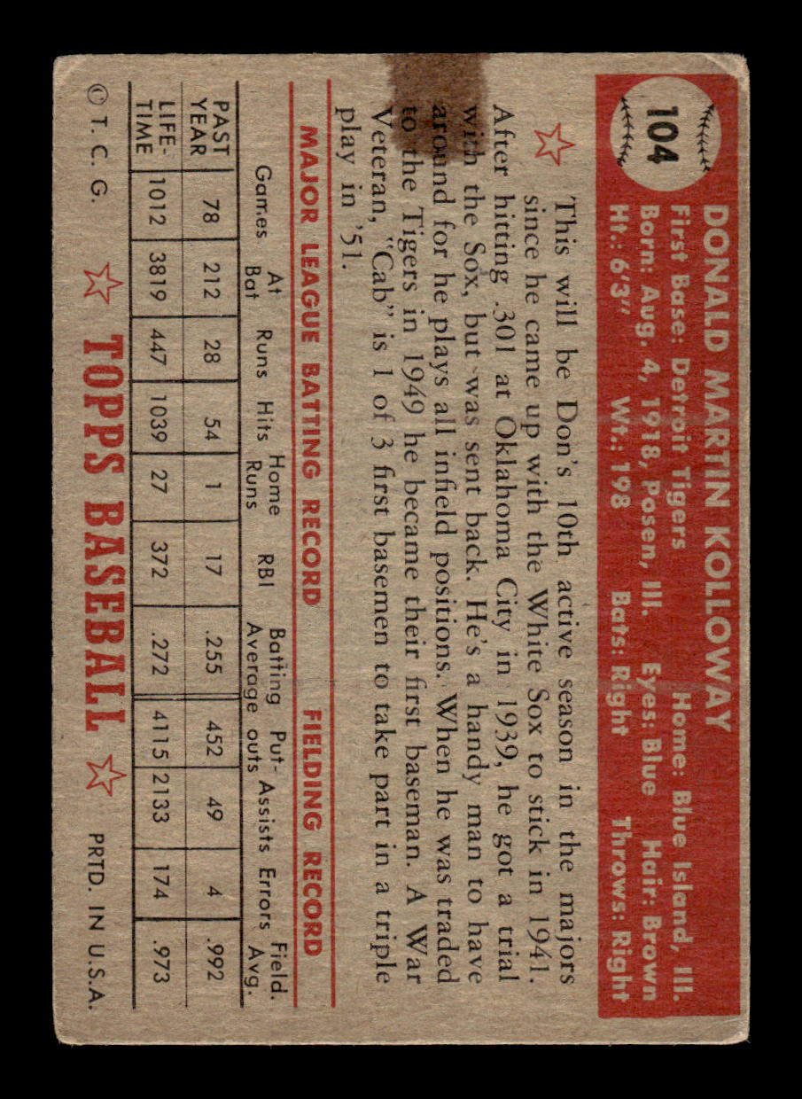 1952 Topps #104 Don Kolloway Detroit Tigers LOW GRADE CS26014776