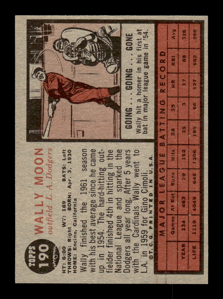 1962 Topps #190a Wally Moon Los Angeles Dodgers EX CS26014828