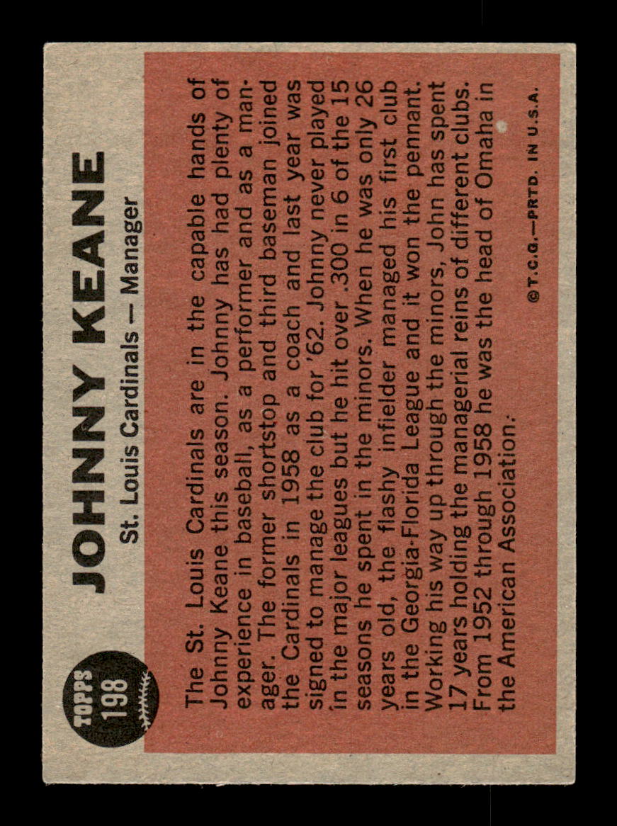 1962 Topps #198 Johnny Keane St. Louis Cardinals EX CS26014836