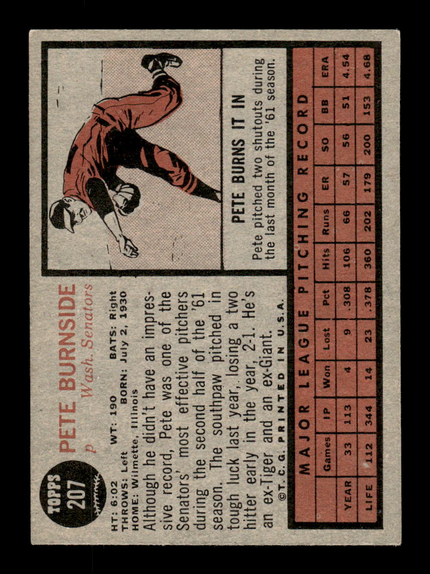 1962 Topps #207 Pete Burnside Washington Senators EX CS26014843