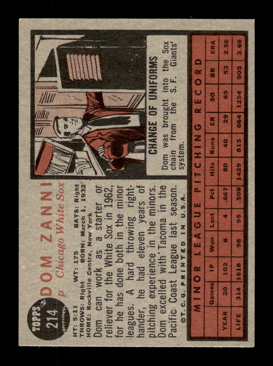 1962 Topps #214 Dom Zanni Chicago White Sox EX CS26014849