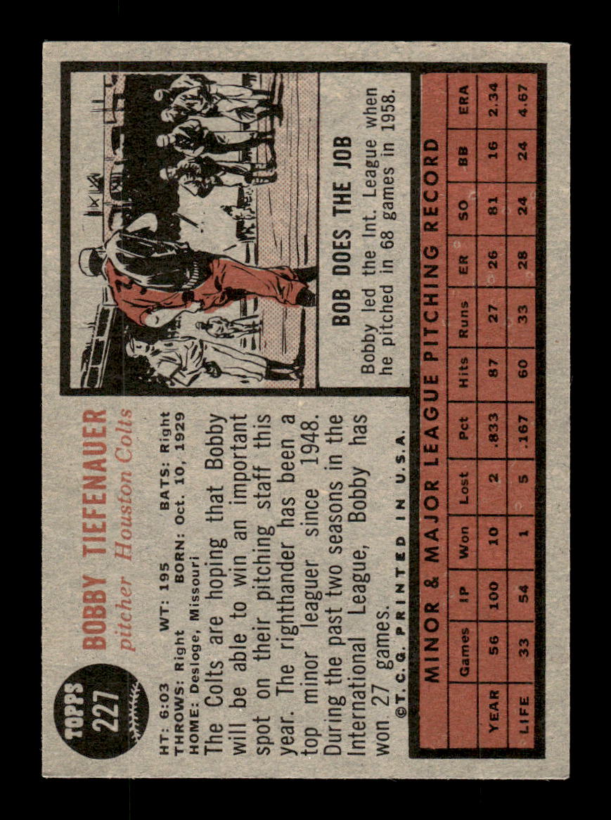1962 Topps #227 Bobby Tiefenauer Houston Colt .45s EX CS26014861
