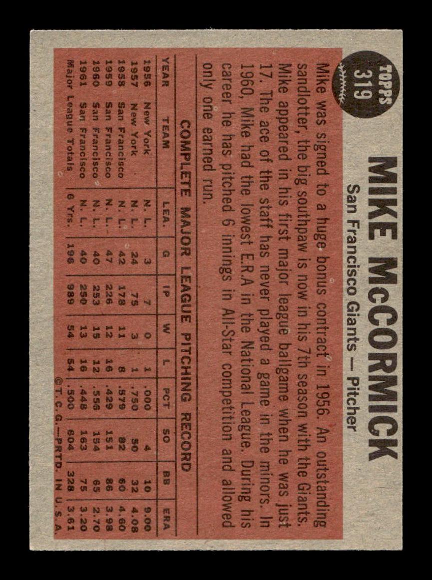 1962 Topps #319 McCormick Shows His Stuff San Francisco Giants EX CS26014939