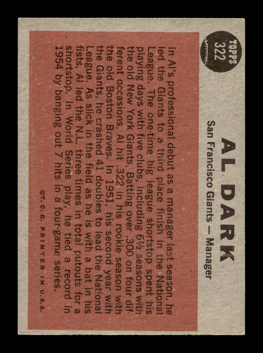 1962 Topps #322 Al Dark San Francisco Giants EX CS26014941