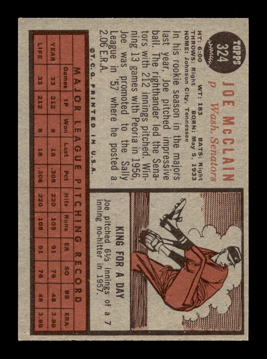 1962 Topps #324 Joe McClain Washington Senators EX CS26014943