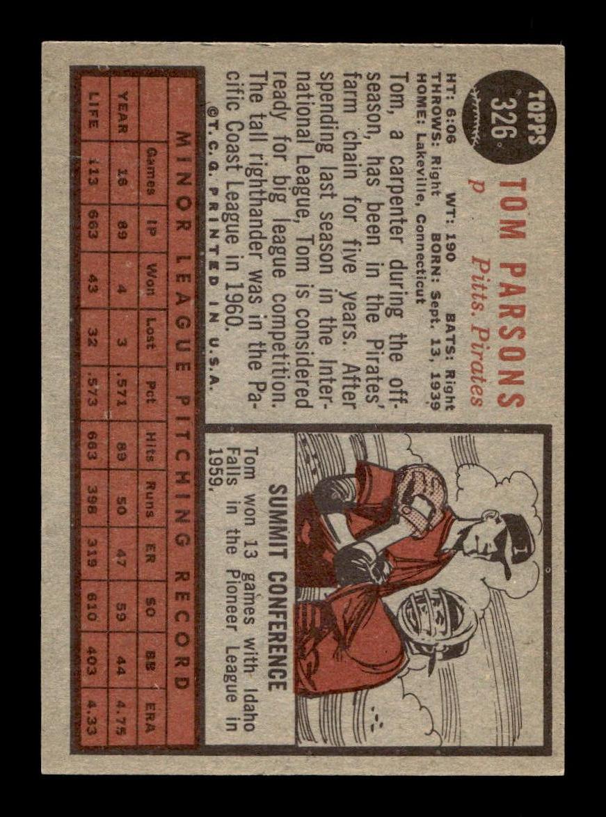 1962 Topps #326 Tom Parsons Pittsburgh Pirates EX CS26014945