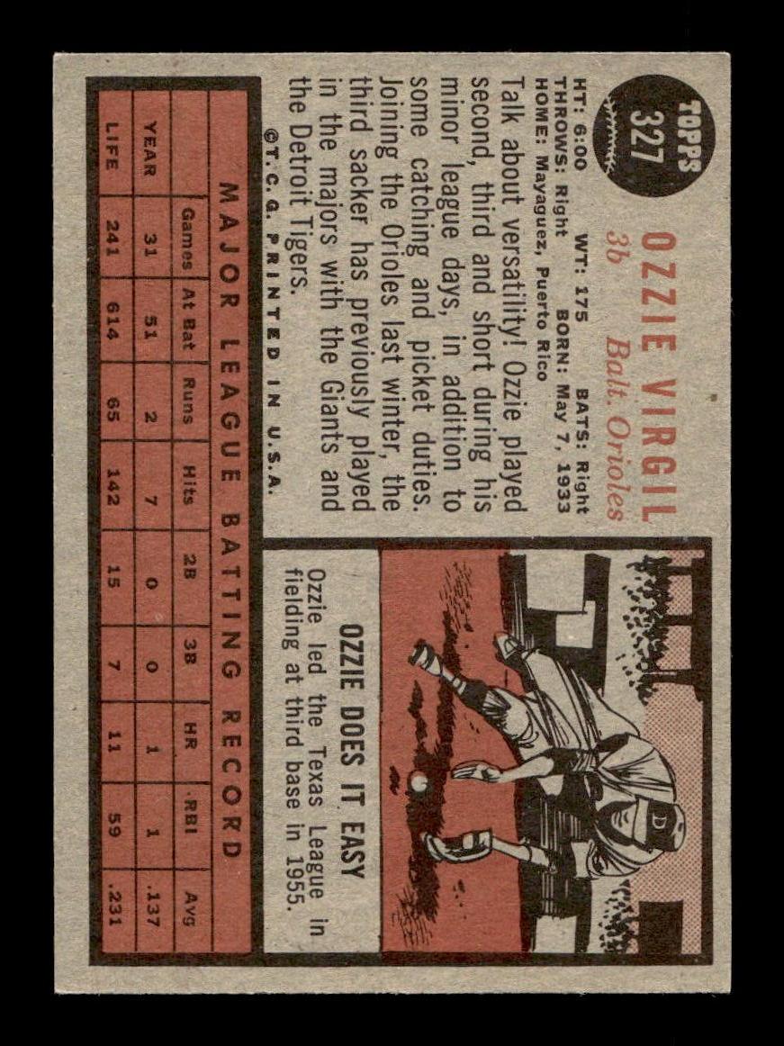 1962 Topps #327 Ozzie Virgil Baltimore Orioles EX CS26014946