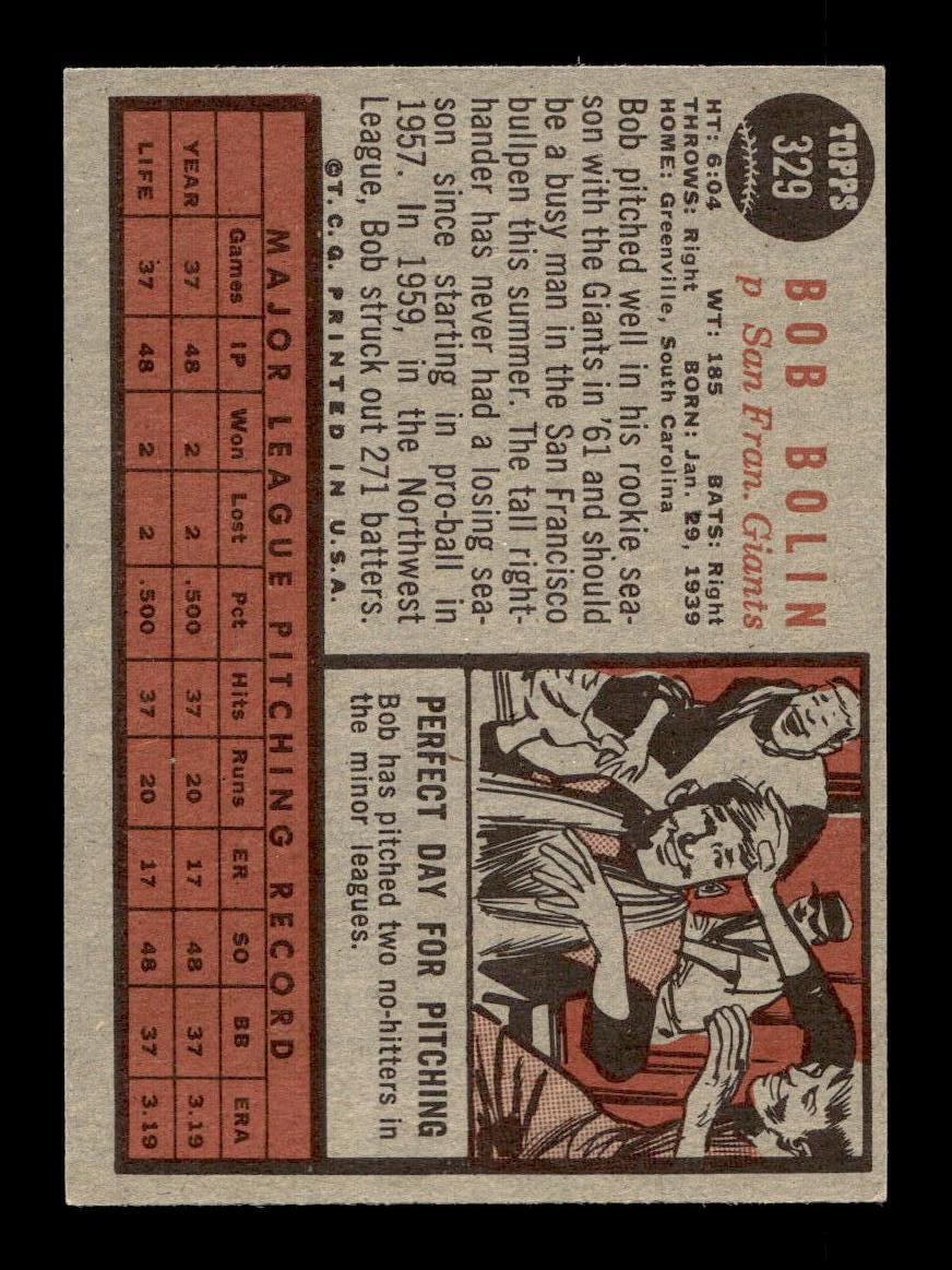 1962 Topps #329 Bob Bolin San Francisco Giants EX CS26014948