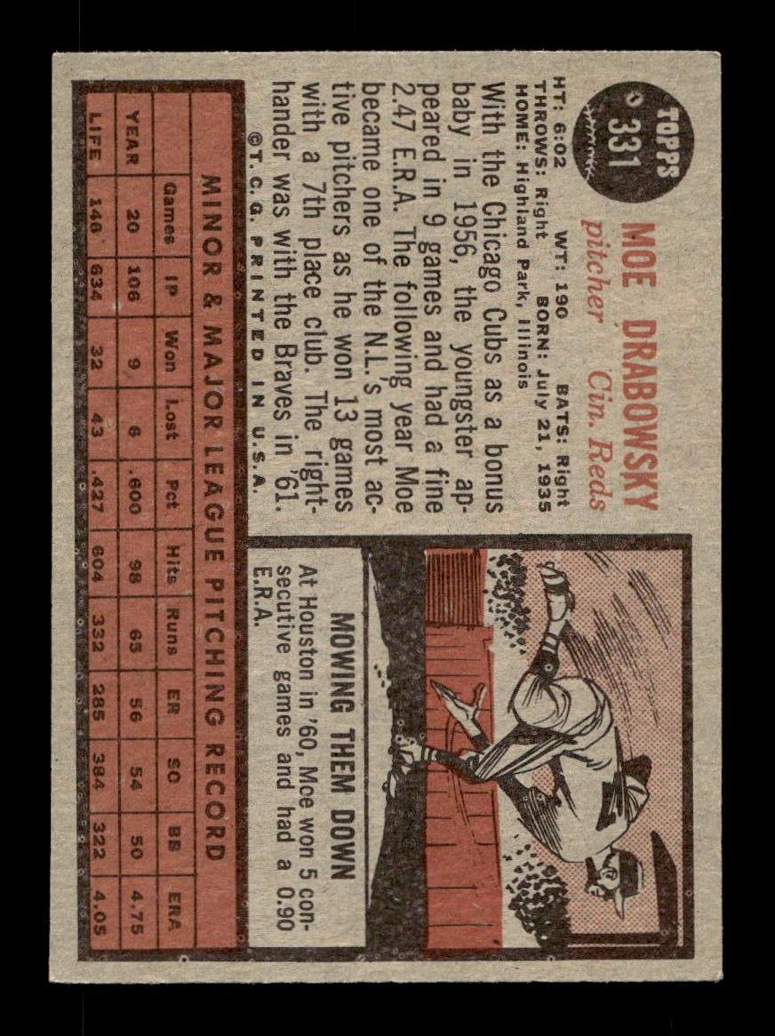1962 Topps #331 Moe Drabowsky Cincinnati Reds EX CS26014950