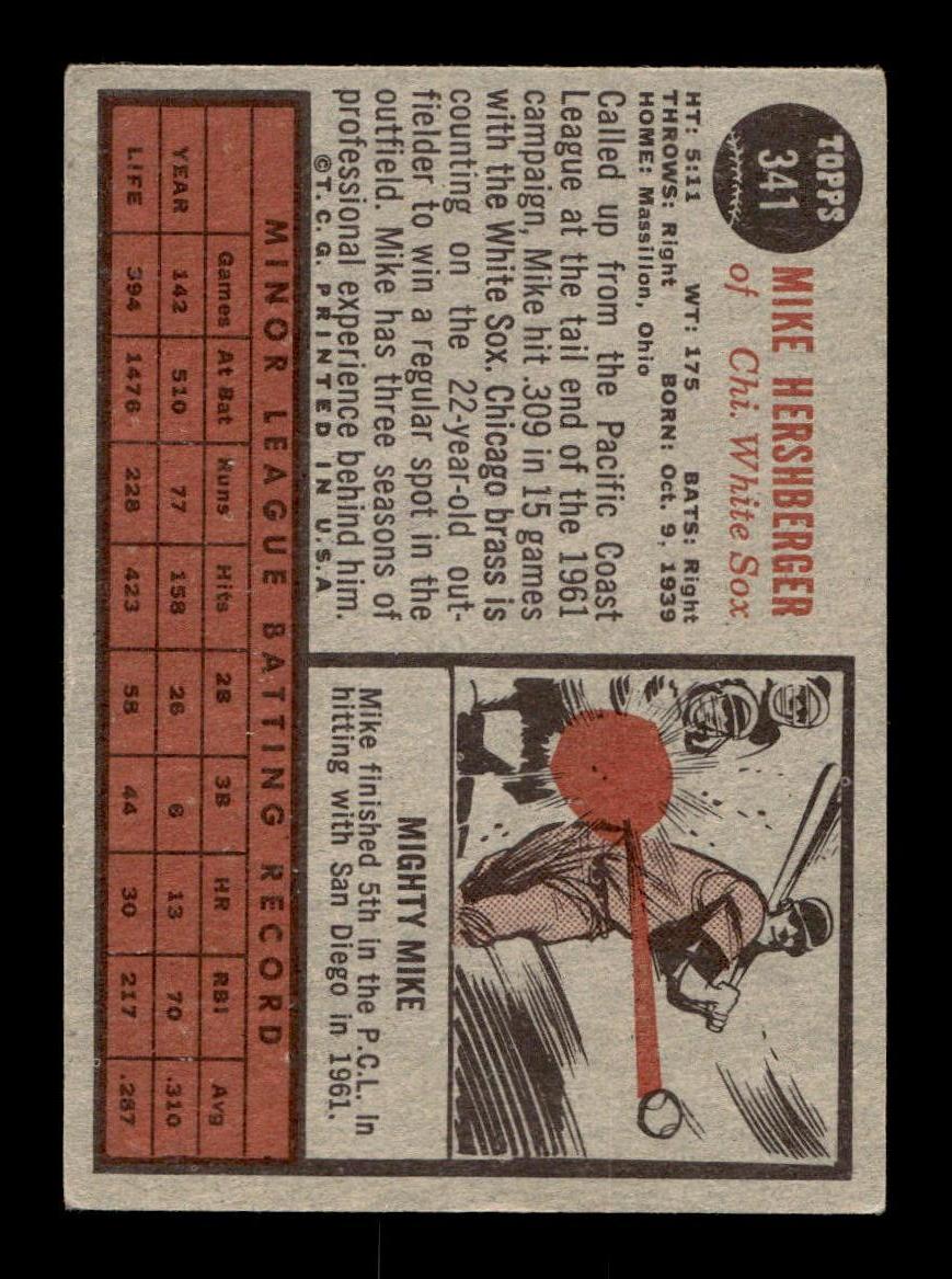 1962 Topps #341 Mike Hershberger Chicago White Sox EX CS26014956