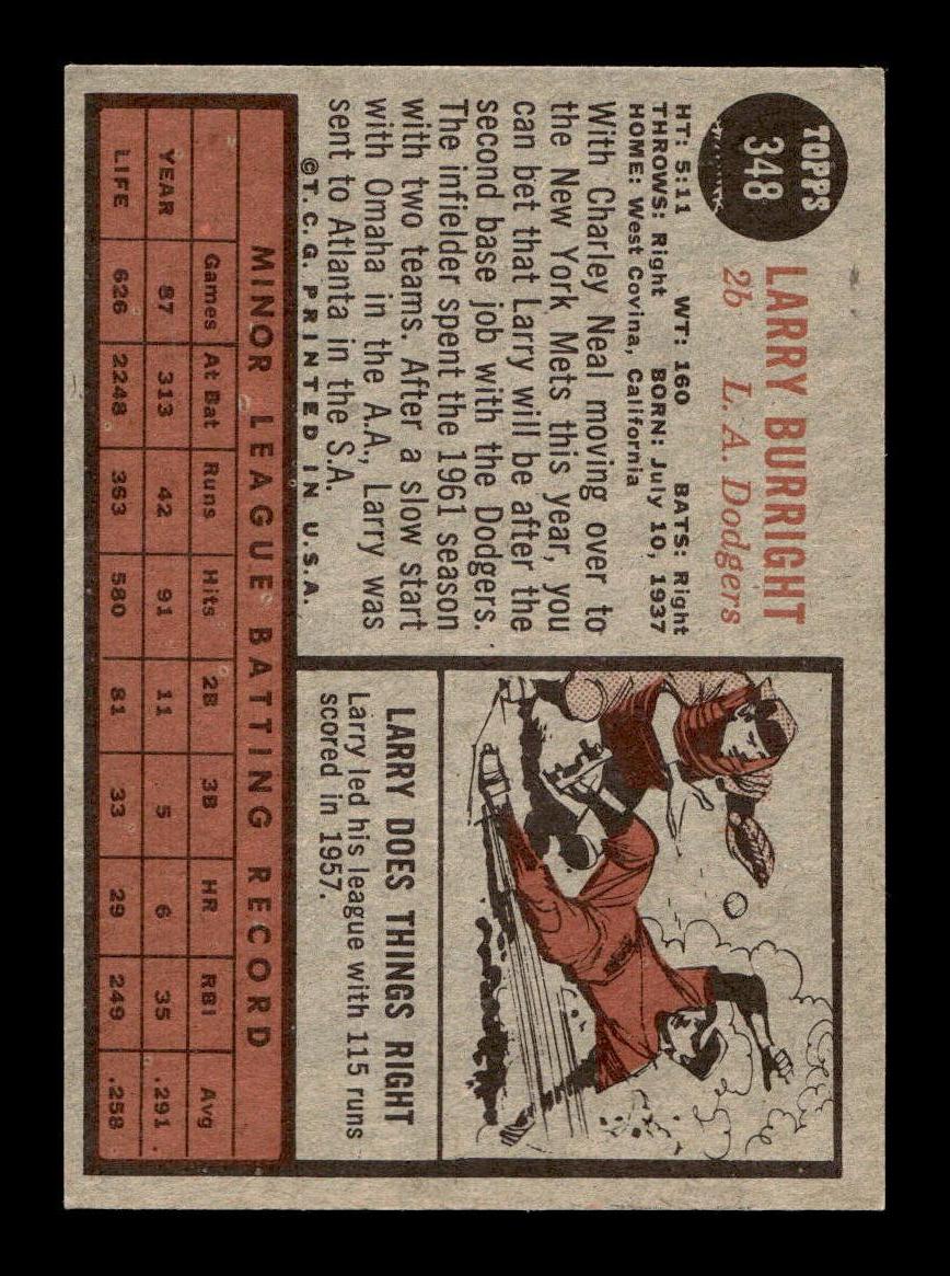 1962 Topps #348 Larry Burright Los Angeles Dodgers EX CS26014963