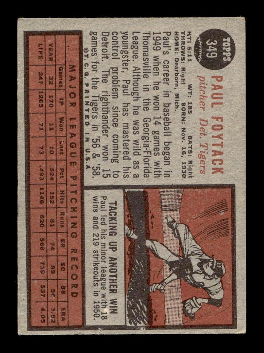 1962 Topps #349 Paul Foytack Detroit Tigers EX CS26014964
