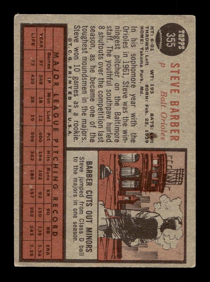 1962 Topps #355 Steve Barber Baltimore Orioles EX CS26014968
