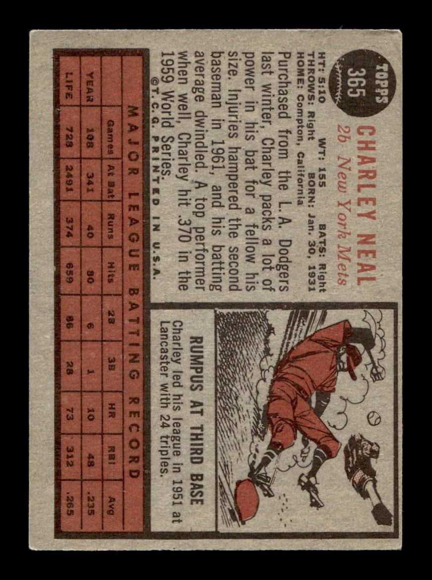 1962 Topps #365 Charley Neal New York Mets EX CS26014976