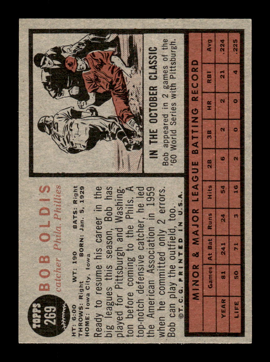 1962 Topps #269 Bob Oldis Philadelphia Phillies EX CS26015051