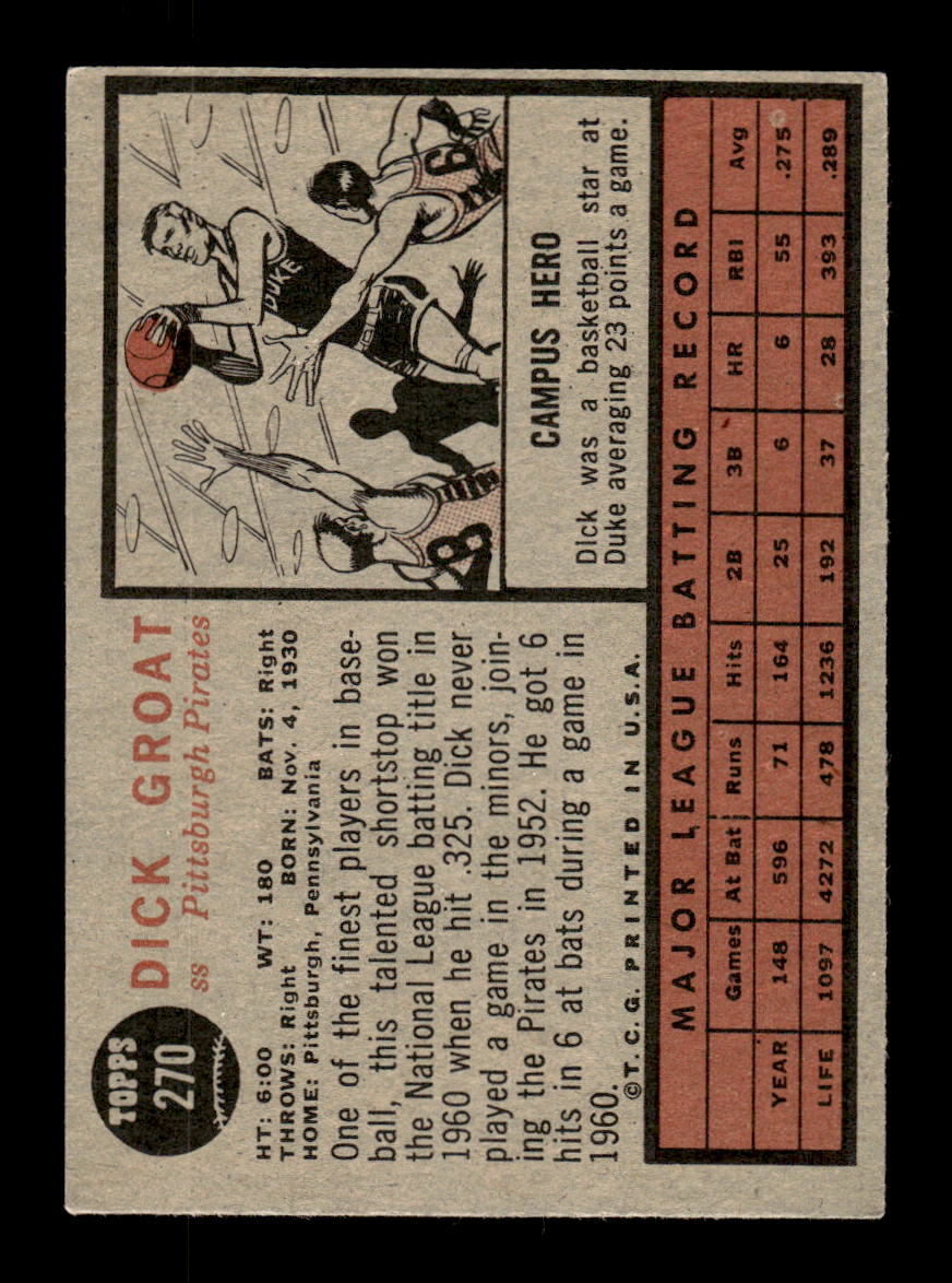 1962 Topps #270 Dick Groat Pittsburgh Pirates EX CS26015052