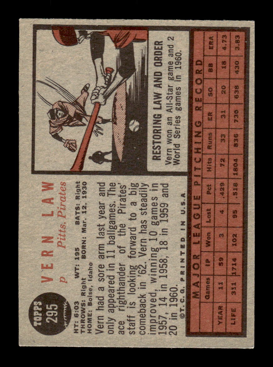 1962 Topps #295 Vern Law Pittsburgh Pirates EX CS26015072