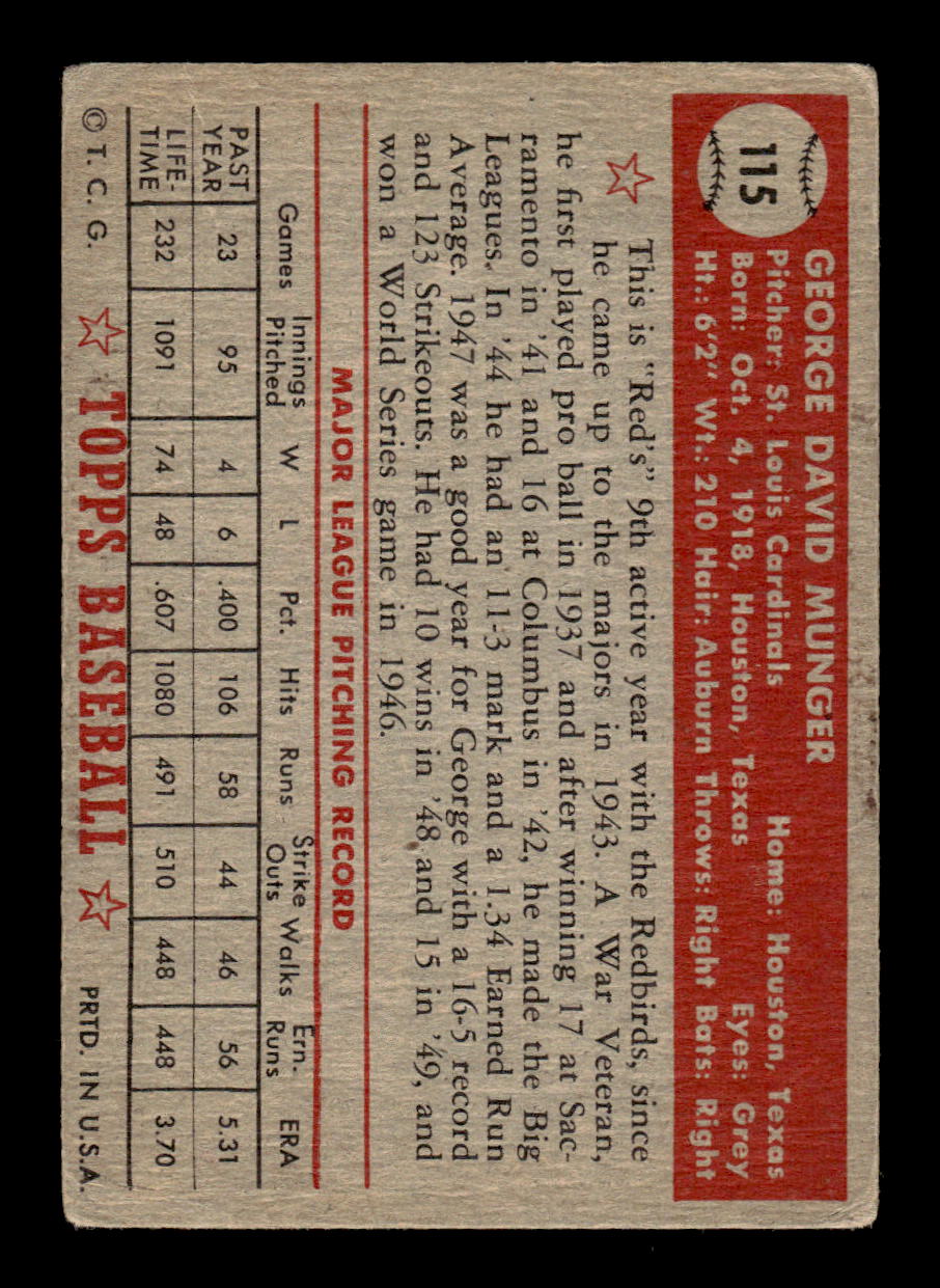 1952 Topps #115 George Munger St. Louis Cardinals VG CS26015087