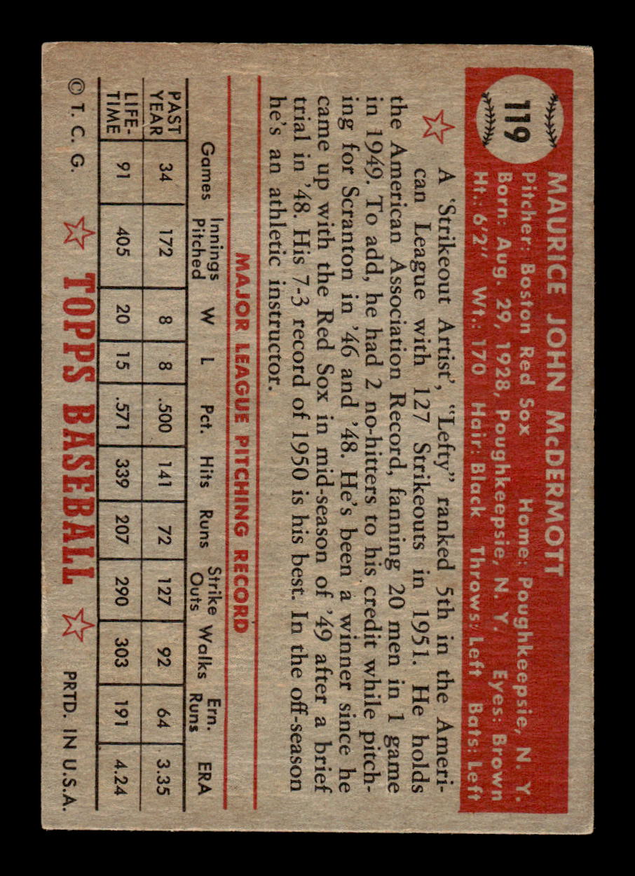 1952 Topps #119 Maurice McDermott Boston Red Sox LOW GRADE CS26015091