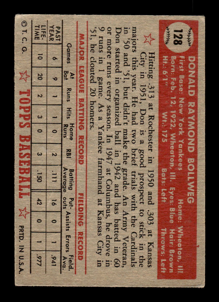 1952 Topps #128 Don Bollweg New York Yankees LOW GRADE CS26015100