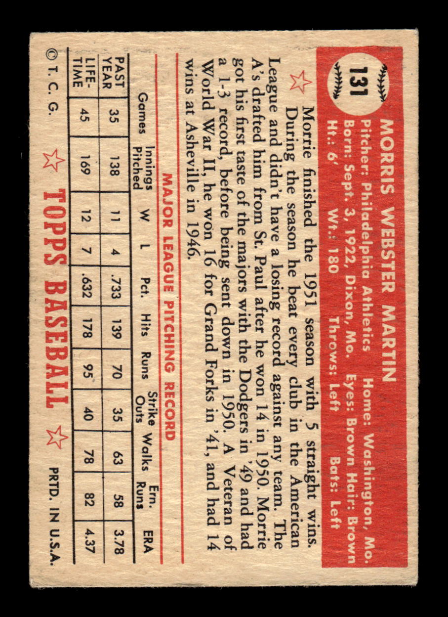 1952 Topps #131 Morrie Martin Philadelphia Athletics LOW GRADE CS26015102