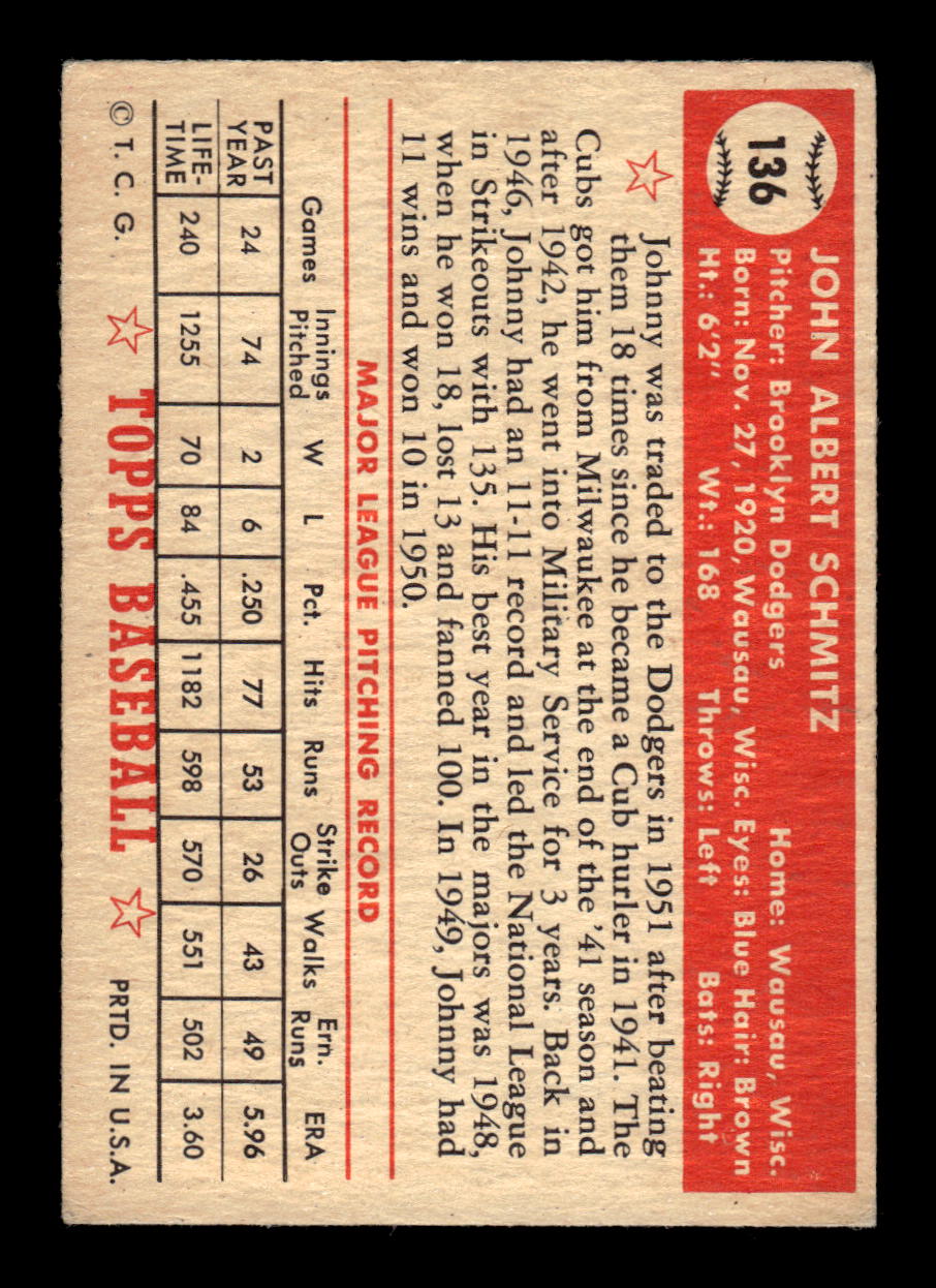1952 Topps #136 Johnny Schmitz Brooklyn Dodgers VG CS26015107