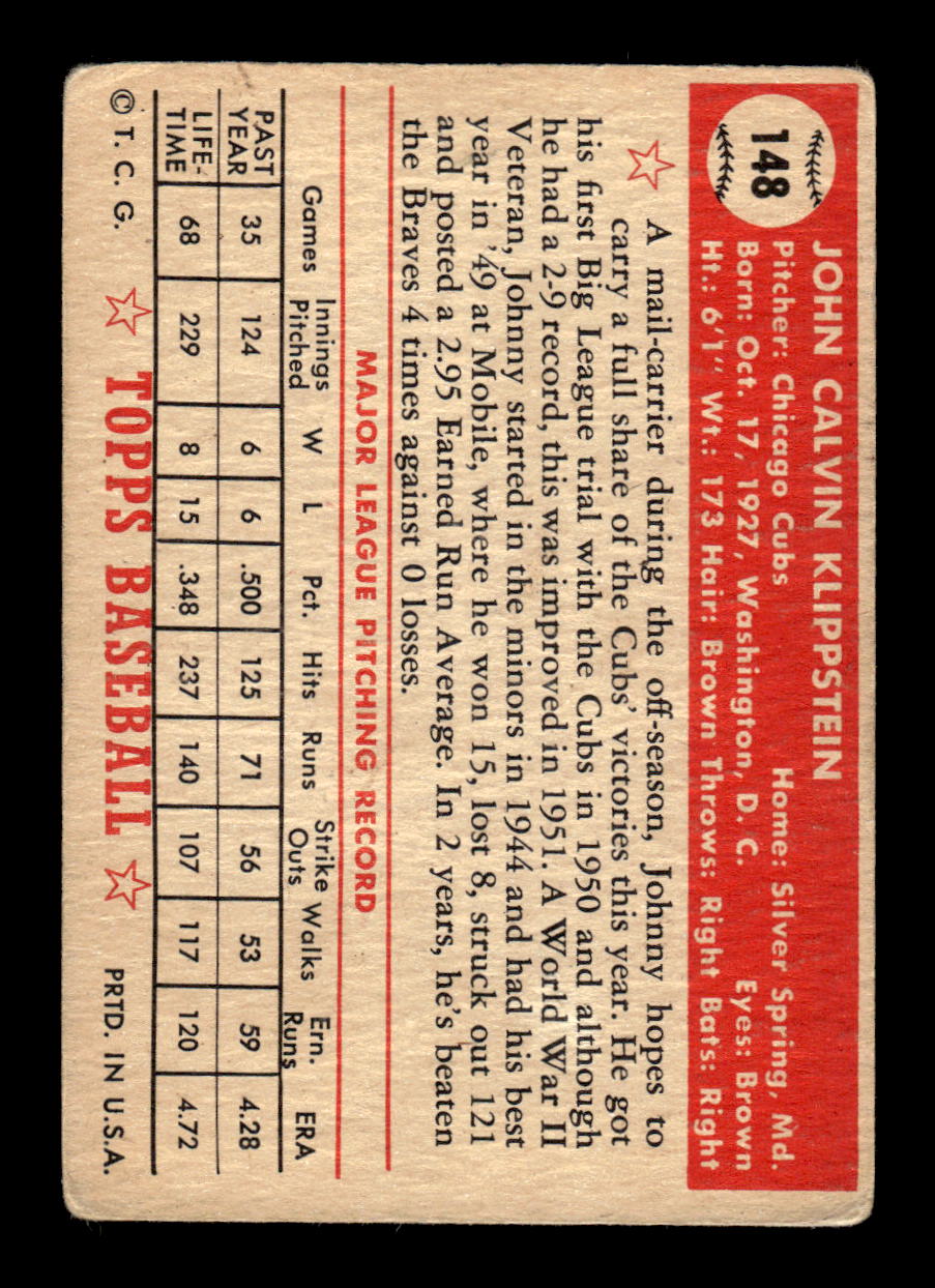 1952 Topps #148 Johnny Klippstein Chicago Cubs LOW GRADE CS26015119
