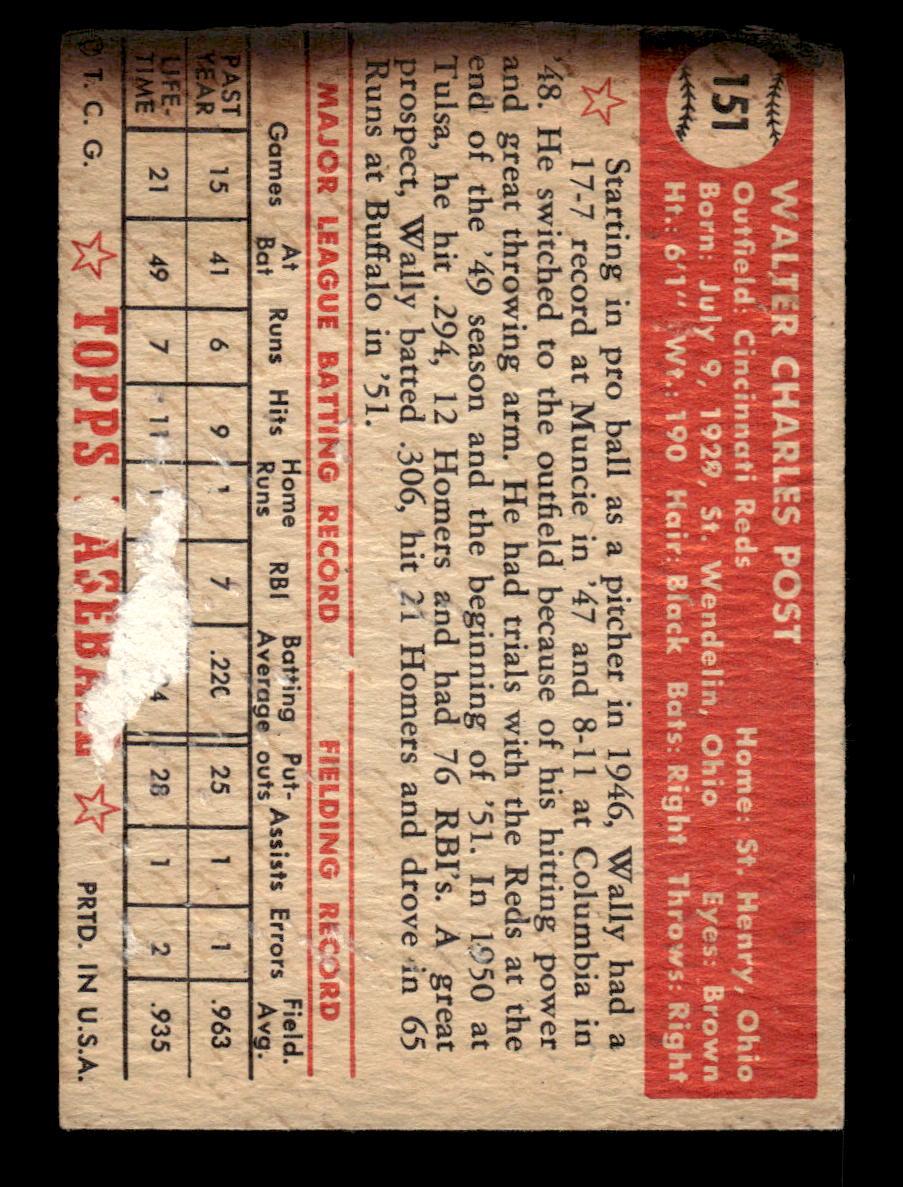 1952 Topps #151 Wally Post Cincinnati Reds LOW GRADE CS26015122