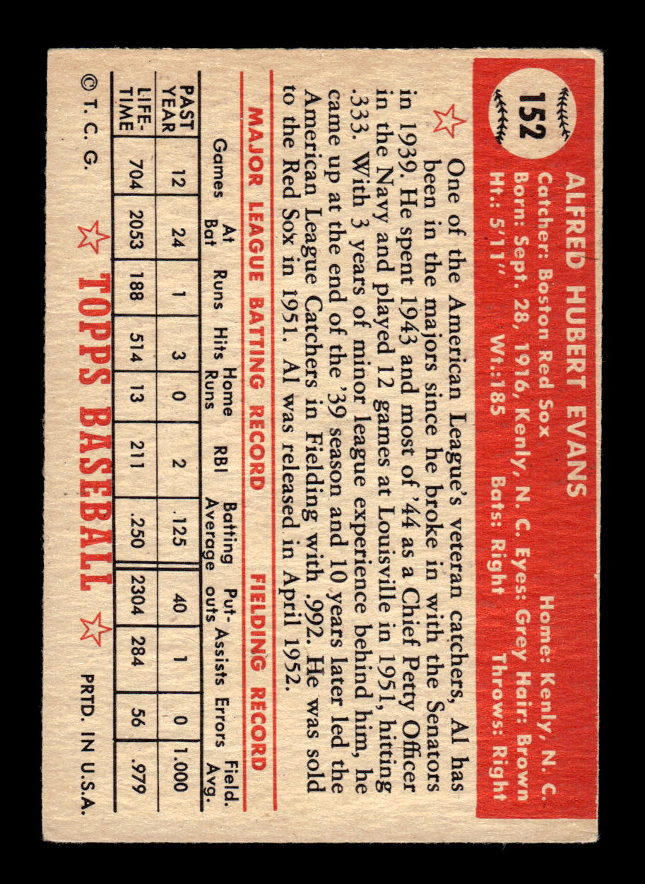 1952 Topps #152 Al Evans Boston Red Sox VG CS26015123