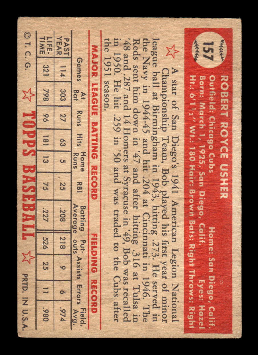 1952 Topps #157 Bob Usher Chicago Cubs LOW GRADE CS26015128
