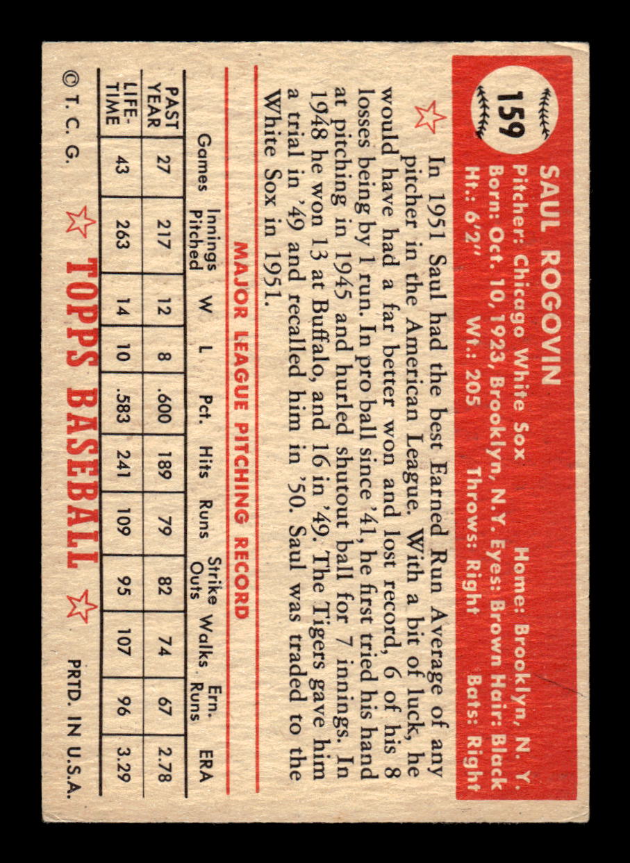 1952 Topps #159 Saul Rogovin Chicago White Sox LOW GRADE CS26015129